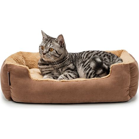 lionto Katzenbett, weiches Kuschelbett mit herausnehmbarem Wendekissen & Anti-Rutsch-Boden, pflegeleicht & modern, 60x48 cm, braun/beige (1/5)