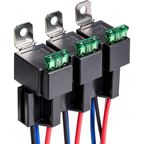 Lot de 3 Relais de Commutation à Fusible 12V, Faisceau de Câbles 12 AWG avec Diode Intégrée, Fusible à Lame ATO/ATC 30A, Relais Electriques Automobiles SPST 4 Broches (1/5)