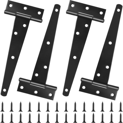 Lot de 4 charnières en T de 150 mm (6 pouces) pour portes en bois extérieures, finition métallique noire, robustes et antirouille, avec vis pour fenêtres, clôtures et portes de cabanon. (1/4)