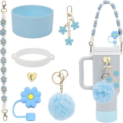 Ensemble d'accessoires pour gobelet, chaîne de perles, cordelette, chapeau de paille à motif bégonia, manchon en silicone et pendentif pompon 16 (1/5)
