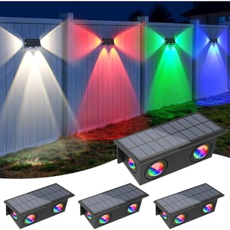 Applique Solaire Extérieur RGB, 7 Couleur Applique Murale Solaire avec 4 LEDs, Changement de Couleur Lampe Exterieur Solaire, IP65 Étanche pour Clôture, Escaliers, Balcon, 4 Pièces (1/5)
