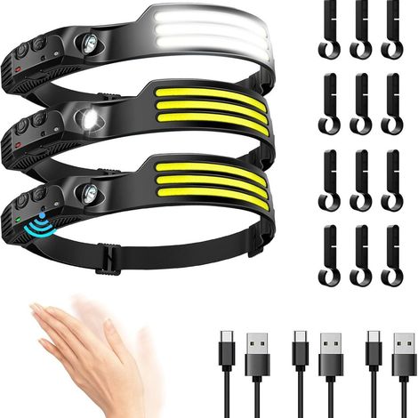 Fari a LED ultra luminosi, faro ricaricabile USB ultra luminoso a tre sezioni da 230°, sensore di movimento da 3000 lumen, impermeabile IPX5, 0,14 libbre, leggero per pesca, campeggio, ciclismo, corsa (1/5)