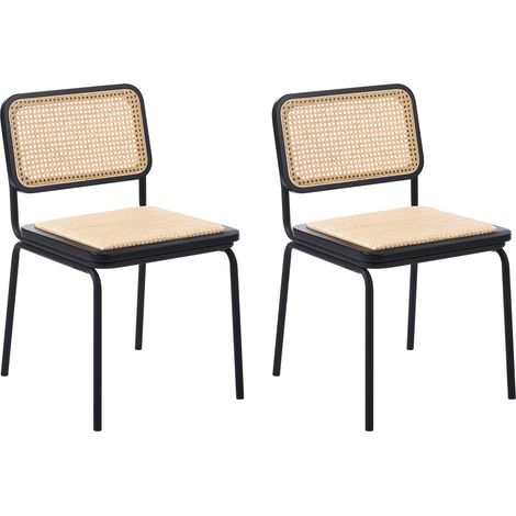 Conjunto de 2 sillas patas de hierro respaldo asiento de ratán sintético sin reposabrazos tapones para las patas diseño boho vintage negro Corvallis