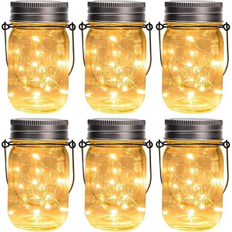 6 Faroles Solares Colgantes de 20 LED - Diseño de Tarro Mason - Resistentes al Agua - Incluye Ganchos y Macetas - Decoración para Jardín, Balcón y Boda (1/5)