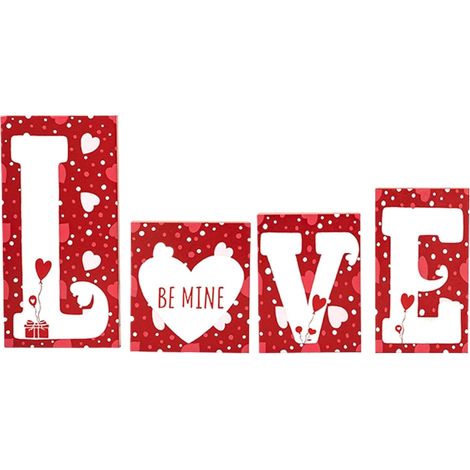 Bois Blocs Lettres Amour - Décoration En Bois Rouge Avec Cœurs - Pour Cheminée Étagère Table Bureau - 4 Pièces (1/5)