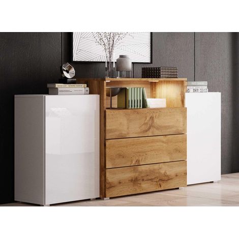 Deco In Paris – Buffet commodes 2 portes 3 tiroirs blanc laqué et bois – Dimensions 150x39/32.5x81/69 cm – Rangement optimisé avec étagères
