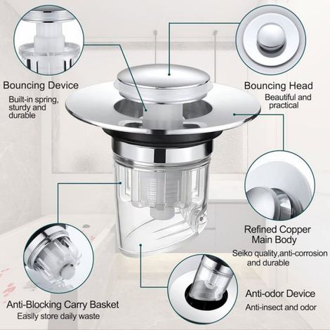 Bouchon Lavabo,Bouchon Baignoire,Automatique INOX Bouchon Bouchon Evier,Bouchon Lavabo Poussoir pour Les Trous de 34mm à 40mm (1/4)