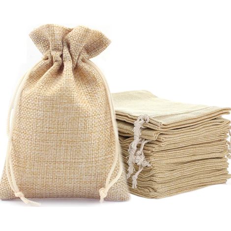 20 Sacs à cordon en jute, 10x14cm, fermeture coulissante coton, rangement bijoux cadeaux fêtes (1/5)
