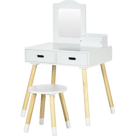 Kinderschminktisch mit Hocker, Spiegel und 2 Schubladen, weiß und Holz, 60 x 40 x 95 cm, Alter 3-6