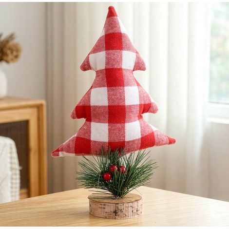 Petit sapin de Noël de table en tissu à carreaux rouge‑blanc sur socle en bois (1/3)