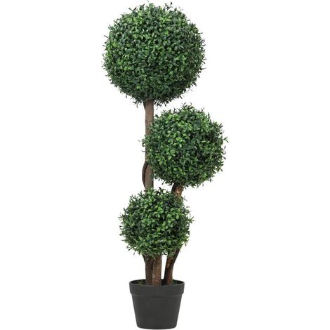 Boule de buis artificiel, plante artificielle en trois sphères, plante artificielle avec tronc en bois en pot, 30 x 30 x 100 cm, verte (1/5)