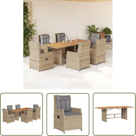 vidaXL 7-tlg. Garten-Essgruppe mit Kissen Beige Poly Rattan