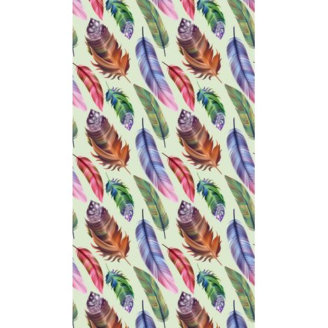 Feathers, rideau imprimé plumes multicolores sur fond clair 140x245 cm, 1 pièce (1/2)