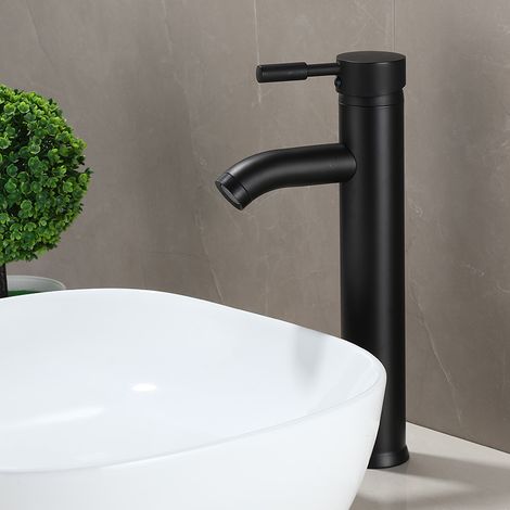 Robinet de salle de bain noir de style minimaliste (long), robinet d'eau chaude et froide, robinet de lavabo en érable en acier inoxydable. (1/3)