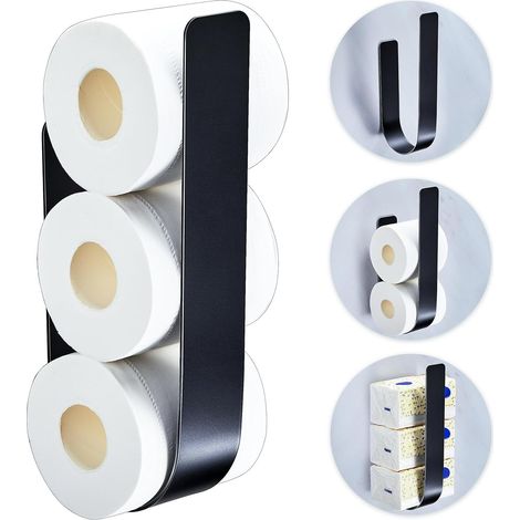 Porte Rouleau Papier Toilette, Métal Porte Papier Toilette Mural sans Percage, Rangement Papiers Toilette pour 3 Rouleaux, Noir