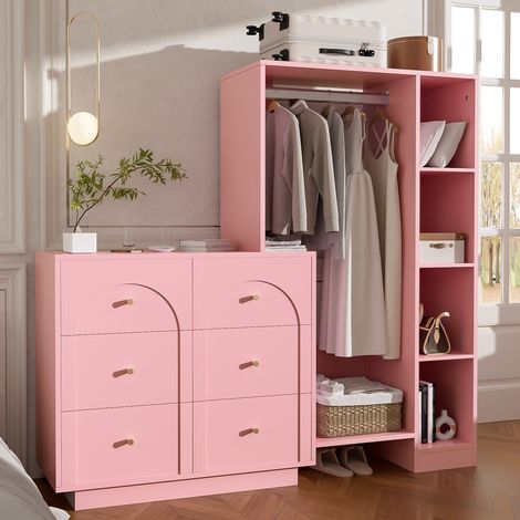 Armoire ouverte avec penderie, 139x35x133 cm, 6 tiroirs et étagères latérales, meuble de rangement pour chambre, rose (1/5)