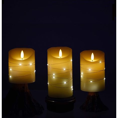 3 bougies LED avec guirlandes, télécommande, minuterie 24h, cire véritable, piles. (1/4)