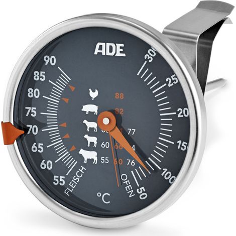 ADE Fleischthermometer, bis 300 °C, Durchmesser 7,5 x 12,5 cm, Edelstahl/Glas