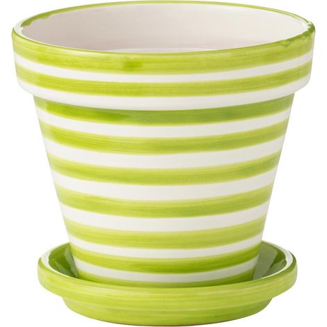 Pot Avec Soucoupe en Céramique "Granada Rayure" 27cm Vert (1/3)