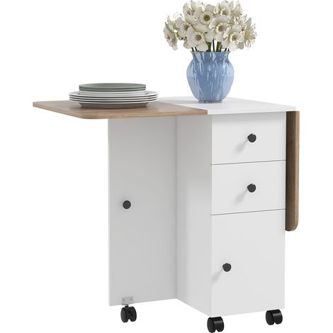 Table à manger pliante 2 plateaux avec 2 tiroirs 1 placard blanc chêne 120x70x75 cm