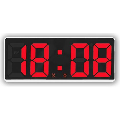 Réveil numérique grand écran, affichage LED, table de chevet, design minimaliste moderne, coque blanche, intérieur rouge (1/5)