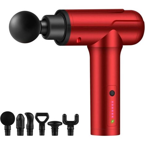 Pistolet de massage, massage des tissus profonds, réglage à 6 vitesses, avec 6 têtes, usage domestique, impact puissant (rouge) (1/4)