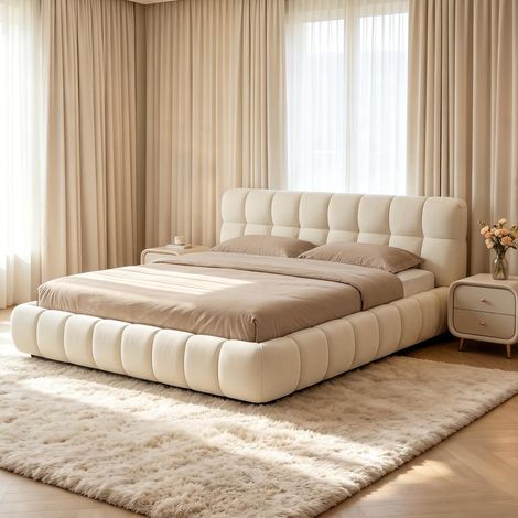 Lit double 140x190 cm –Lit adulte - Beige – Tissu lin – Tête de lit rembourrée – Cadre lattes – Style moderne – Structure panneaux
