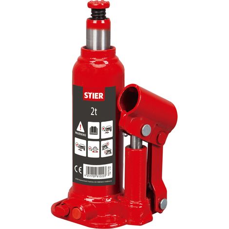 STIER Hydraulik Flaschen-Wagenheber, hohe Belastbarkeit von bis zu 2 Tonnen, mit langem Pumphebel, Car-Jack, Hubhöhe bis 345 mm, geschweißter Flaschenwagenheber, kompakt