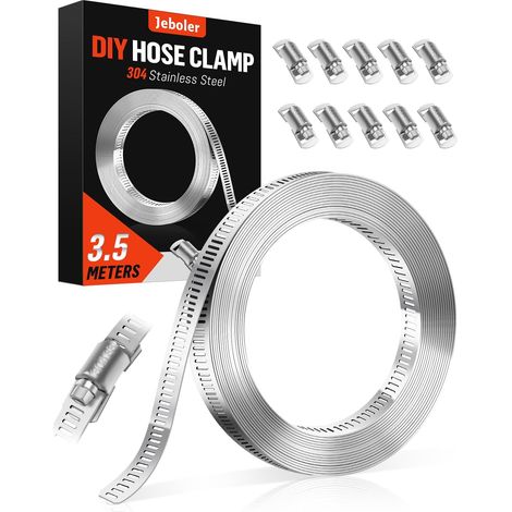 Colliers de Serrage, 3.5m DIY 304 Collier de Serrage Inox Bande Perforée en Métal Équipé de 10 Pièces Fixation, Réglable Collier Durite en Acier Inoxydable Convient Jardin Pour Piscine, Tuyaux (1/5)