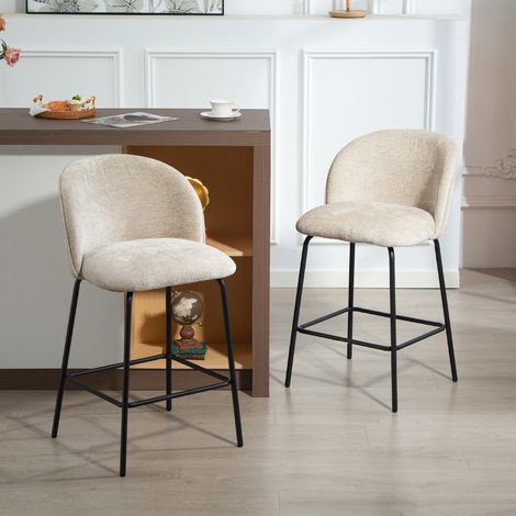 Set di 2 sgabelli da bar con schienale e poggiapiedi, sedie imbottite con gambe in acciaio per isola cucina, sala da pranzo, beige