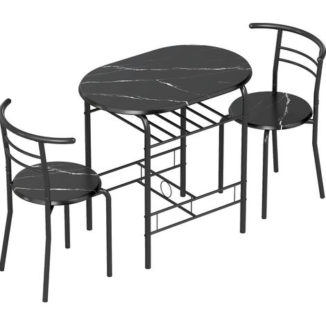 Ensemble de repas 3 pièces avec table en MDF noir effet marbre et 2 chaises, rangement intégré, pour 2 personnes (1/5)
