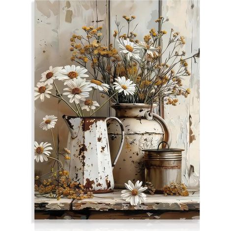 Art Mural Marguerite Rustique Décoration Murale Salle de Bain Ferme, Tableau Mural Vintage en Toile pour Chambre Salle de Bain 30x40 cm (Marguerite des champs) (1/5)
