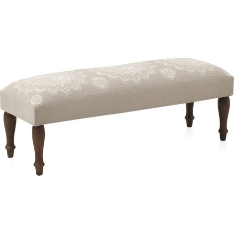 Banc tapissé coton polyester multicolore brodé pieds bois - Lin brodé blanc pieds bois foncé (1/5)