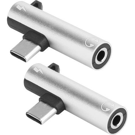 2 pièces Adaptateur de chargeur/distributeur de câble audio 2 en 1 TypeC vers 3,5 mm (argent)