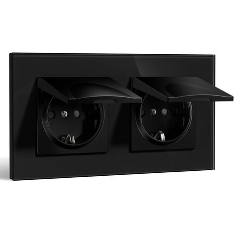 Double Prise Schuko Encastrée Norme UE,Prise Murale 16A avec Cadre en Verre,Avec Housse Imperméable,Griffes Rabattables,Type F avec Terre,2 Voies 157 86mm Noir (1/5)