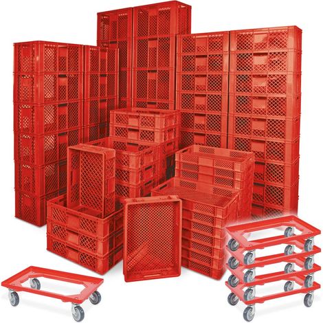 BRB 78 Stück Stapelkörbe/Bäckerkästen in 5 Größen, Grundmaß LxB 600x400 mm, H 90 mm, 150 mm, 240 mm, 320 mm, 410 mm, + 5x Transportroller rot, (rot)