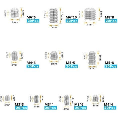 200Pcs Vis Allen Acier Inoxydable Vis Sans Tête Hexagonale Set Métriques Accessoires Métalliques Professionnelles M3 M4 M5 M6 M8--TRIMEC