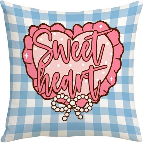 Housse De Coussin Décorative - Motif Cœur Et Lettres - Bord Ruché - Fond Échiquier - 45 X 45 Cm - 1 Pièce (1/5)