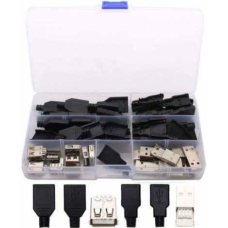 20 pièces à souder USB Type A male, USB 2.0 Type A male USB 4 broches connecteur femelle avec couvercle en plastique bricolage-noir + argent