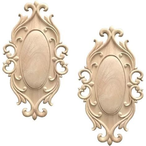 BEBUSINGOTO Moulure Decorative Bois 2 Pièces Ovale Non Peinte Decoratif Artisanat Bois Sculpte Decal pour Décoration Meuble de Cuisine Meubles, 20  11 cm (1/4)