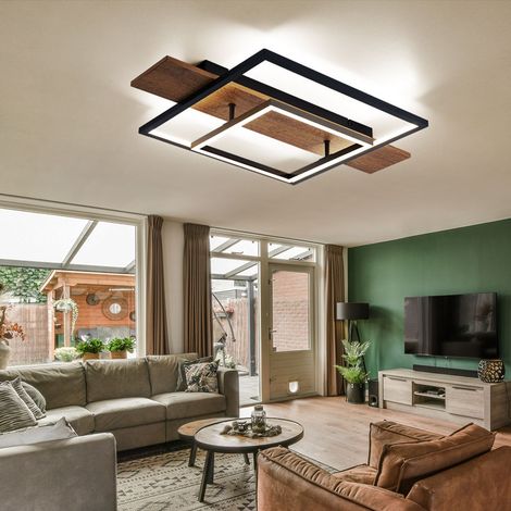 Plafoniera sala da pranzo lampada da soffitto funzione memory 3 livelli aspetto legno LED con aspetto legno, alluminio metallo nero, 1x LED 24W 1100Lm bianco caldo, LxPxH 60x40x10 cm