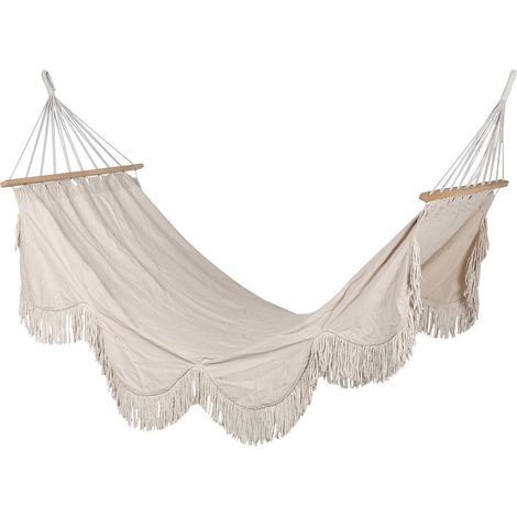 Hamac coton blanc avec franges pour détente extérieure - Blanc cassé avec accents bois (1/5)