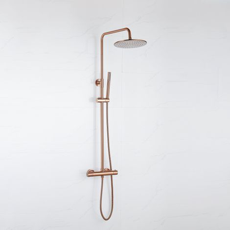 FugaFlow Eccelente Ensemble de douche de tête avec robinet thermostatique - 25cm douche de tête - douchette à main sur barre - Cuivre brossé PVD (1/5)