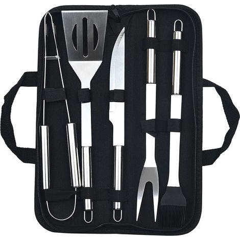 Set 5 ustensiles de barbecue pince fourchette spatule pinceau sac BBQ acier inox couteau à barbecue