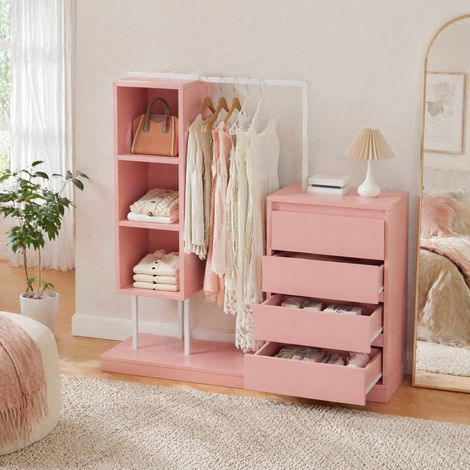Armoire penderie avec tiroirs et tringle, 140 x 40 x 135 cm, rose et blanc HAVRYA (1/5)