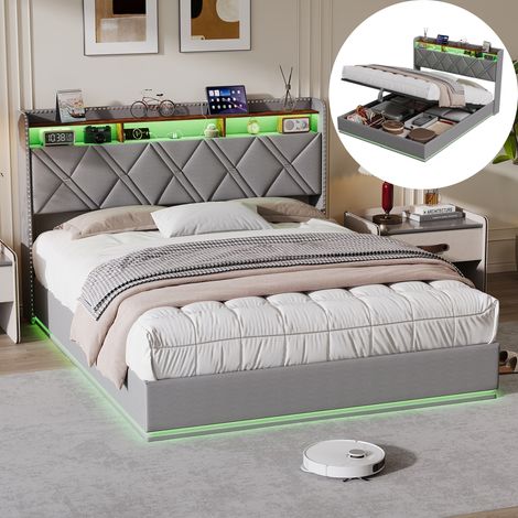 Letto matrimoniale contenitore 140x200 cm in lino, 2 piazze, letto imbottito con LED, USB e rete a doghe, stile scandinavo - grigio