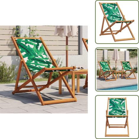 Strandstuhl Klappbar Blattmuster Massivholz Eukalyptus Stoff - Holzsessel - Gartenstuhl - Lounge Chair - Liegesessel - Outdoor Möbel (1/5)