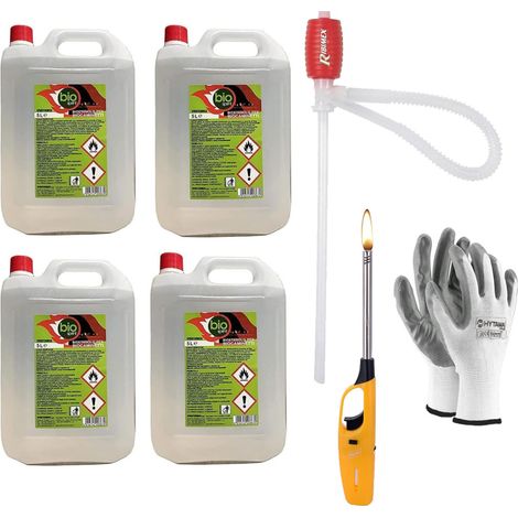 4 pieces - 5 litres - Bioethanol combustible poeles Bio Sprint tot 20 litres inodore sans fume'e naturelle sans soufre + pompe manuelle + allume gaz + gants