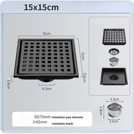 (black 15x15cm)Stainless steel Floor Drains Tile Invisible Embedded Grid Shower Deodorant Floor Drain Kitchen Bathroom Hardware Fittings (1/4)