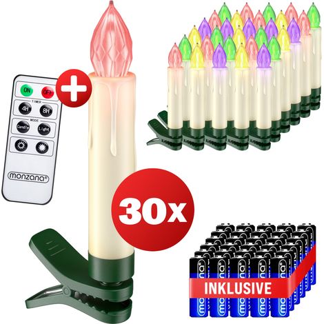 DEUBA® Christbaumkerzen LED Kabellos 20/30/40er Set Batterie mit Timer Fernbedienung Echtwachs Lichterkette Weihnachten Flackernd Warmweiß Tannenbaum 30er / mehrfabrig + Batterien (1/5)